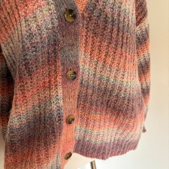 Sundance Northern Lights Cardigan L Pink Purple Wool Alpaca Stripe Chunky Rib - Picture 2 of 12